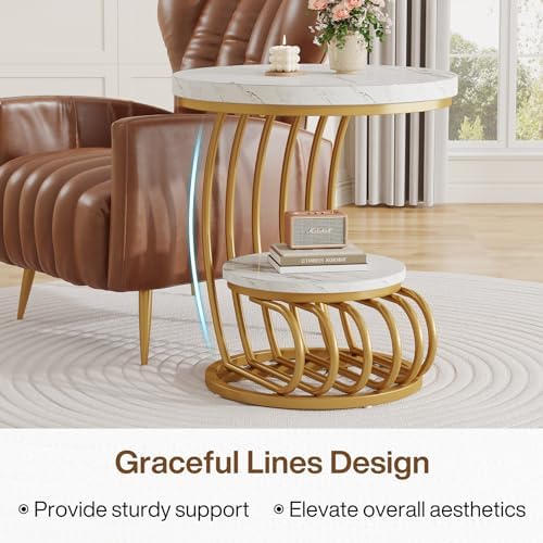 Tribesigns Gold Round End Table: 2 Tiers Faux Marble Side Table - Image 6