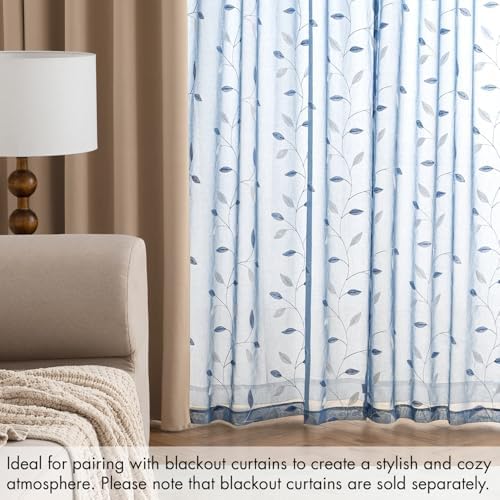 MIULEE Dusty Blue Sheer Curtains 2 Panels Leaf Patterned, W52 x L96 - Image 7