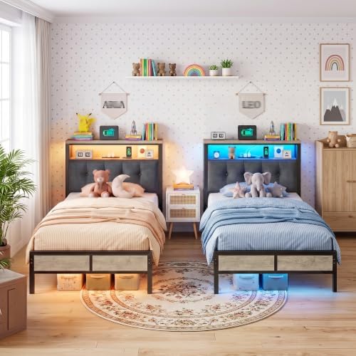 Homkdom Twin Bed Frame with Upholstered Headboard & Charging Station - Image 2