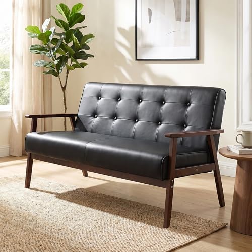 51" Black Faux Leather Mid Century Modern Loveseat - Image 6