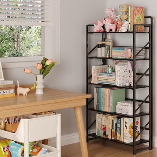 JSB No Assembly Folding Bookshelf, 5 Tier Industrial Metal Book Shelf - Image 2