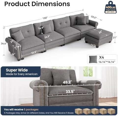 PHI VILLA 150" Oversized Modular Sectional Couch L Shaped - Image 2