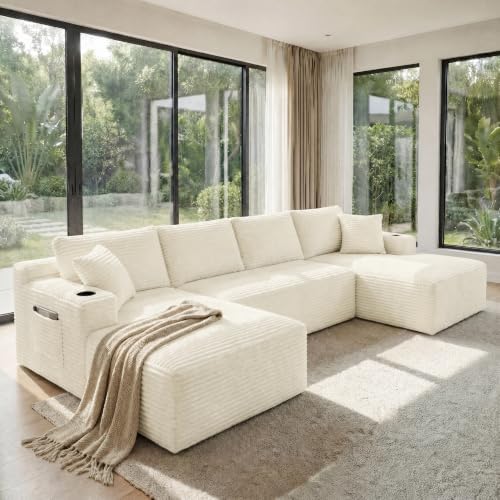 133" U-Shaped Modular Sectional Sofa, Corduroy Boneless Couch by VYNELITO