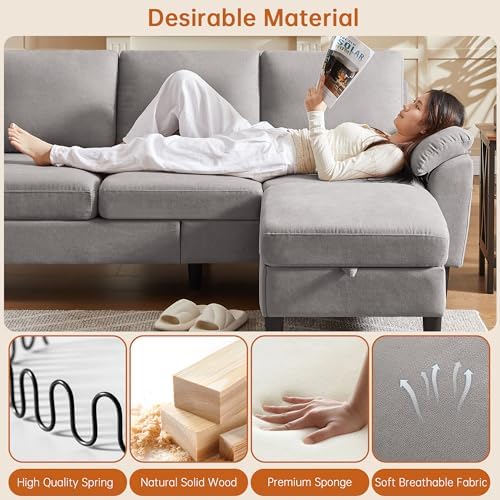 Convertible Sectional Sofa, Linen Upholstered 3 Seat Sofa - Image 5