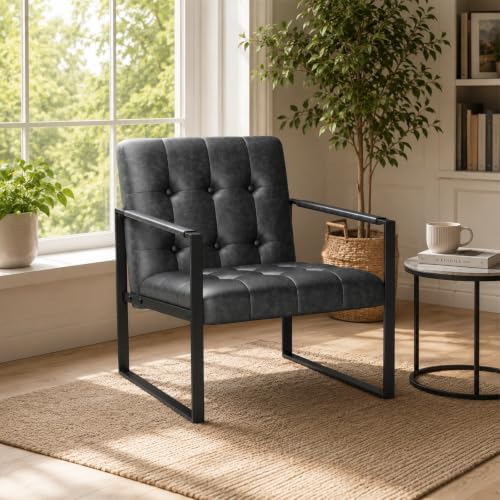 Black Leather Accent Chair, Mid Century PU Leather Armchair by zheczoemate