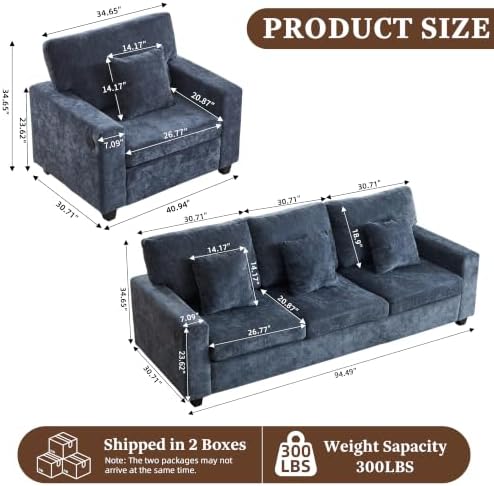 3-Seater Couch with Accent Chair Modern Chenille Sofa Set - Image 2