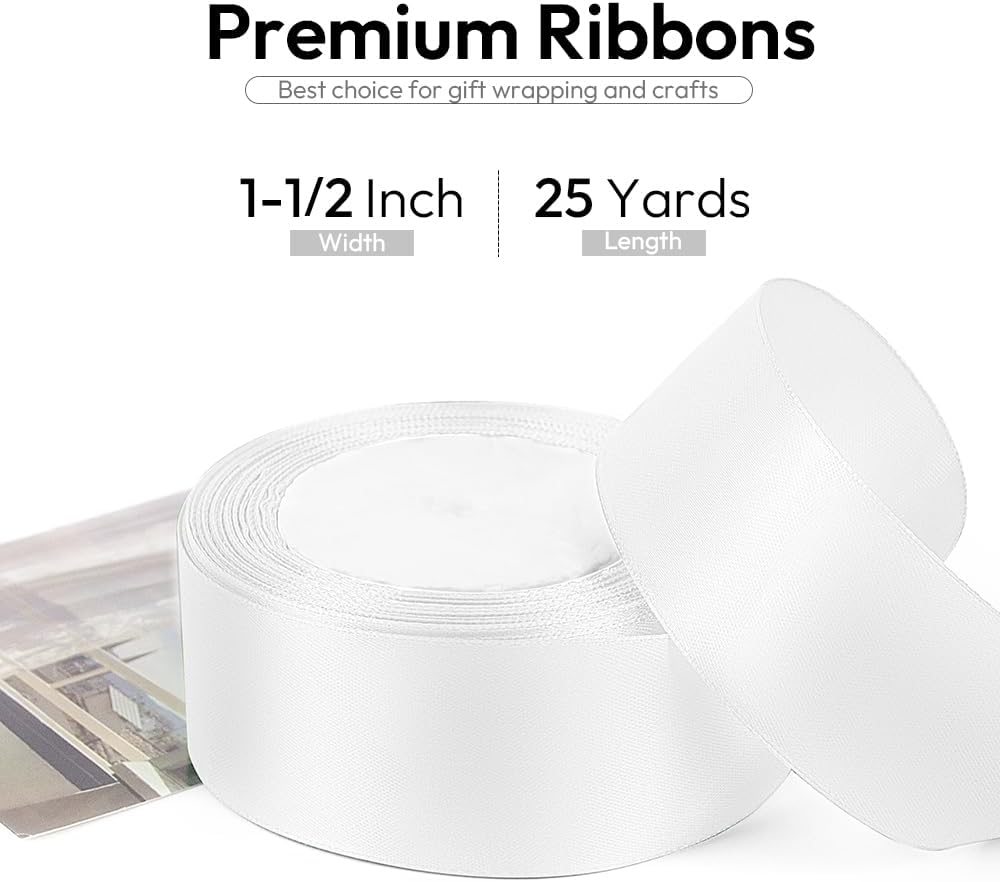 1-1/2 Inch 25 Yards Satin Ribbon White, Solid Color Fabric Ribbon for Gift Wrapping, Wedding, Polyester Gift Ribbon for Birthday Party Decoration, Craft, Hair, Floral, Sewing