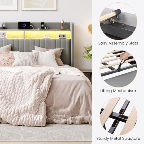SHA CERLIN Queen Size LED Lift Up Storage Bed Frame Charging Station - Image 6