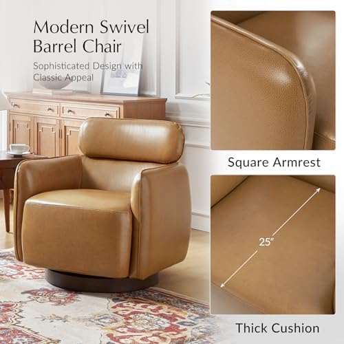 HULALA HOME Genuine Leather Swivel Rocker Chair, Swivel Rocking Barrel Chair - Image 5
