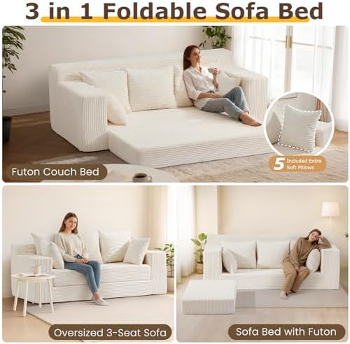 3 Seater Boneless Couch for Living Room, Convertible Futon Sofa Bed Comfy Pull - Image 3