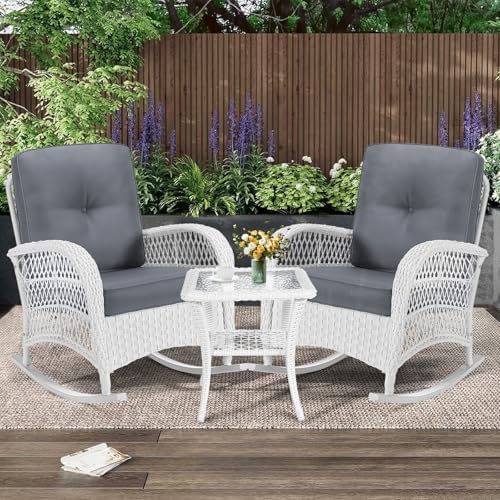 MEETWARM 3 Pieces Patio Conversation Set, Rattan Outdoor Rocking Patio Bistro by MEETWARM
