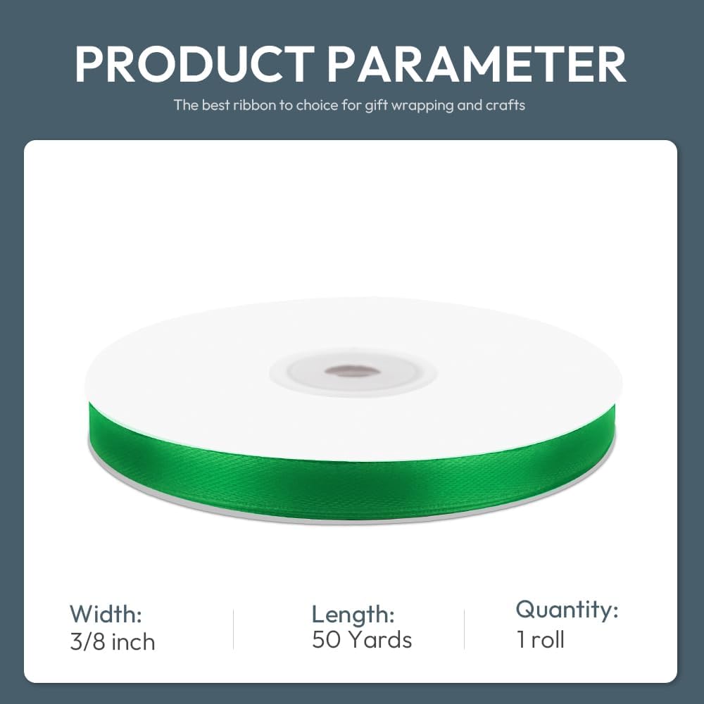 KMER LIFE 3/8" Wide x 50 Yards Green Single Faced Polyester Satin Ribbon - Perfect for Wedding Decor, Wreath, Crafts, Gift Wrapping & Other Projects