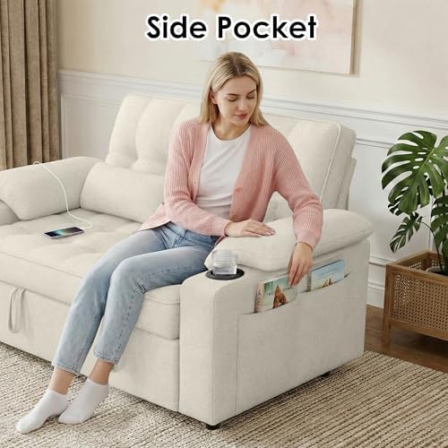58'' Convertible Sofa Bed with USB Charger and Cup Holders, Teddy Fabric - Image 5