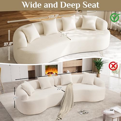 Modern Curved Couch, Oversized 4 Seater Boneless Chenille Sofa, Cream White - Image 5