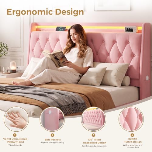 Jocoevol Queen LED Velvet Bed Frame - Image 5