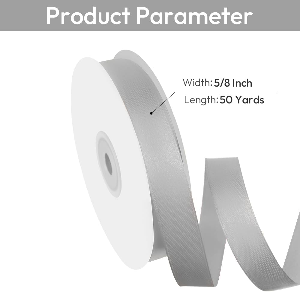 5/8" Width x 50 Yards Satin Fabric Ribbon, Silver Ribbon Perfect for DIY Bows, Swags, Gift Wrapping, Craft, Flower Bouquet，Christmas and Party Decoration