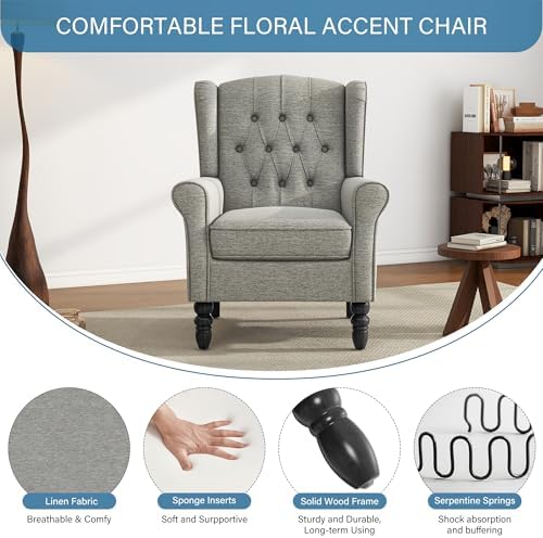High Back Accent Chair, Upholstered Wingback Armchair, Light Gray - Image 7