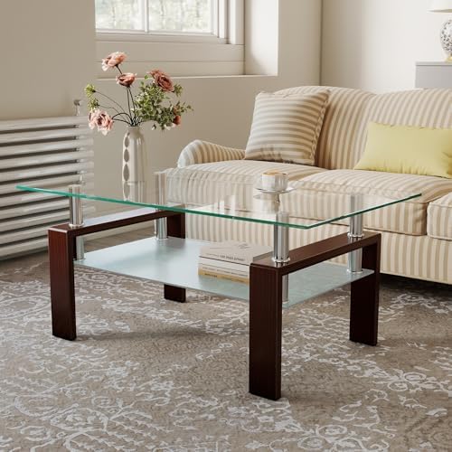 IANIYA Black Walnut Rectangle Tempered Glass Coffee Table Metal Tube Legs End by IANIYAFURNITURE