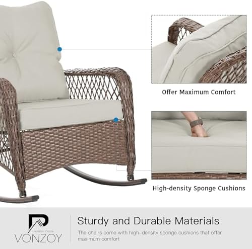Patio Furniture Set 3 Pieces, Wicker Outdoor Rocking Bistro Set, Pale White - Image 6