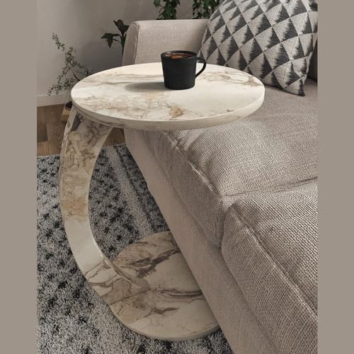 C Shaped End Table for Couch Small Places, Faux Marble Engineered Wood Space - Image 5