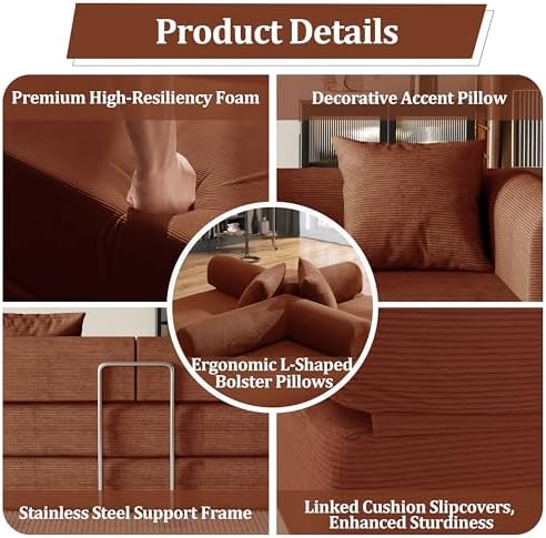 53.15'' Convertible Compressed Corduroy Folding Cloud Sofa Bed, Modern Boneless - Image 4