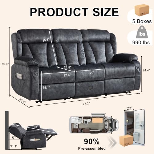 77.2"Reclining Sofa 3 Seater Recliner Couch - Image 3