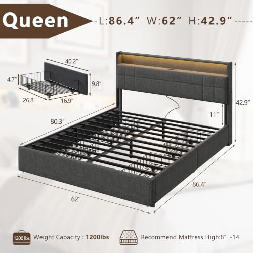 Forestell Queen Bed Frame with 4 Storage Drawers, LED Lights & Charging - Image 2