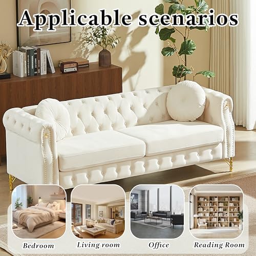 82" Beige 3-Seater Velvet Chesterfield Sofa - Image 7