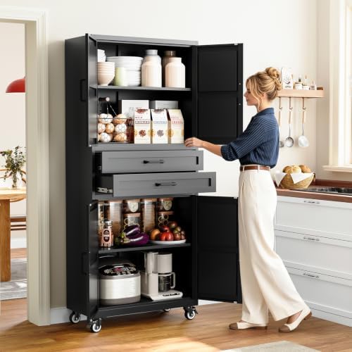 Black Metal Garage Storage Cabinet Rolling Kitchen Storage Pantry Cabinet - Image 2