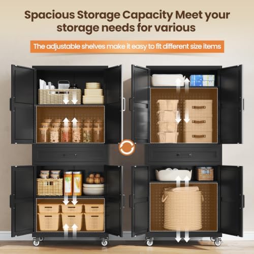 Black Metal Kitchen Storage Pantry Cabinet Rolling Garage Storage Cabinet - Image 5
