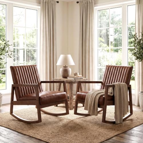 VESCASA Brown Leather Rocking Chair Set of 2 Mid-Century Modern by VESCASA