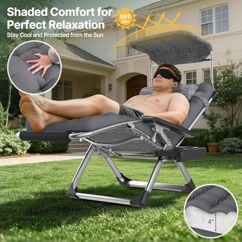 Suteck Zero Gravity Chair with Canopy, 33In XXL Oversized Lounge Chairs - Image 3
