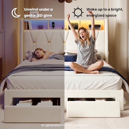 SHA CERLIN Full Size Bed Frame, 2 Storage Drawers & 2-Tier Storage Shelf - Image 4