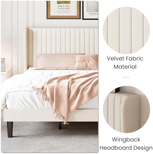 SHA CERLIN King Size Velvet Bed Frame, Tufted Wingback Headboard - Image 7