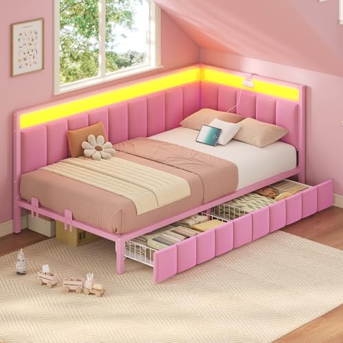 Hasuit Corner Bed Frame with Storage Drawers, Twin Daybed with Line Fabric - Image 2