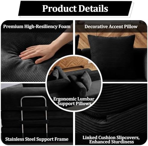 53.15'' Convertible Compressed Corduroy Folding Cloud Sofa Bed, Modern Boneless - Image 4