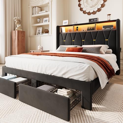 SHA CERLIN Queen Bed Frame, 2 Storage Drawers & 2-Tier Storage Headboard by SHACERLIN