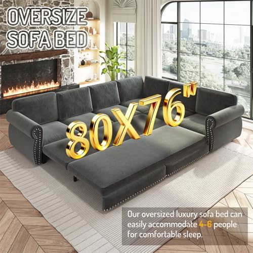 88.2" Chenille L-Shaped Pull-Out Sectional Sleeper Sofa Bed, Dark Grey - Image 6