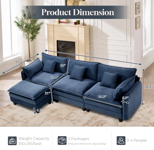Corduroy Cloud Couch Modular Sectional Sofa, Oversized Deep Seat Modern - Image 2