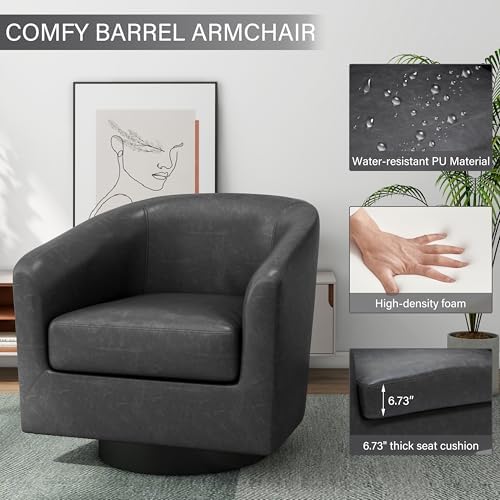 Pia Ricco Set of 4 Faux Leather 360° Swivel Barrel Accent Chair Black - Image 4