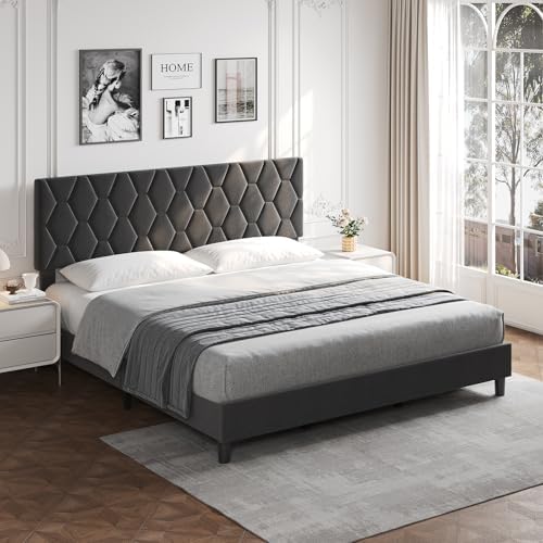 Beige King Size Upholstered Platform Bed Frame – Adjustable Headboard – by SLEKVERSA