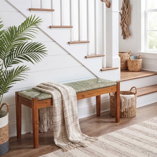46-Inch Acacia Wood Bench with Natural Seagrass Woven Seat, Indoor Bench - Image 4