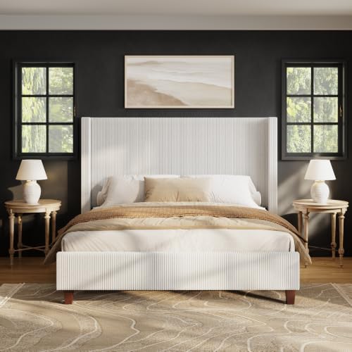 HOWE California King Upholstered Bed Frame, Tall Corduroy Headboard - Image 3