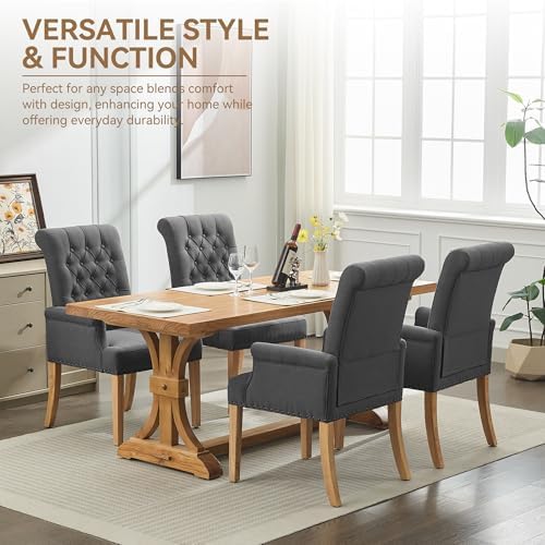 Dining Chair with Arms, Upholstered High Back Dining Room Chairs, Dark Grey - Image 6