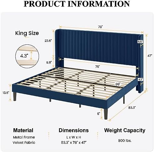 SHA CERLIN King Size Velvet Bed Frame, Tufted Wingback Headboard - Image 2