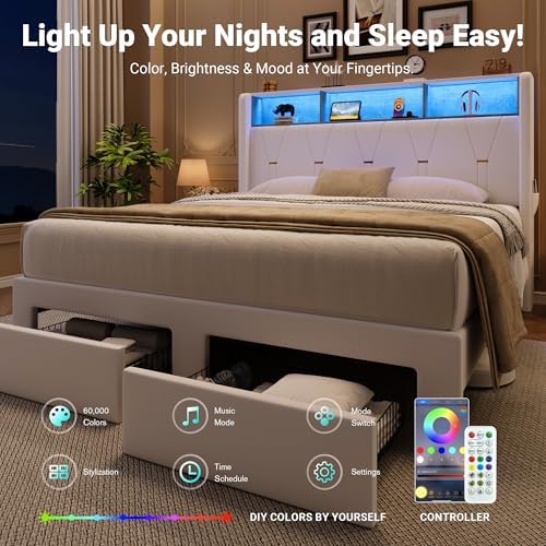 Allewie Queen Bed Frame with 2-Tier Storage Headboard, Charging Station & LED - Image 4