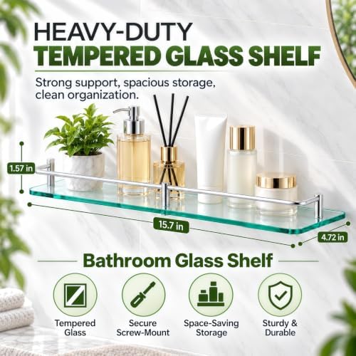 1 Pack Bathroom Glass Shelf, 15.7in Wall Mount Modern Floating Shelf - Image 2