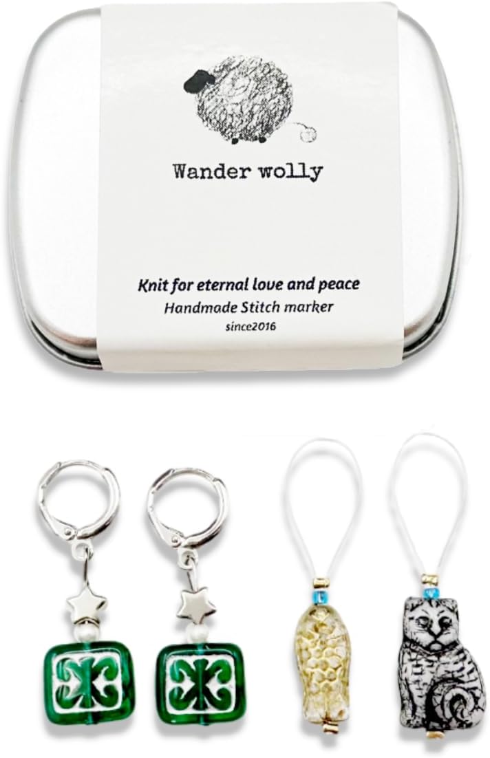 Handmade Stitch Markers for Knitting and Crochet, Two Green Floral Removable Rings, Gold-Edged Fish and Gray Cat Closed Ring, with Storage Case.