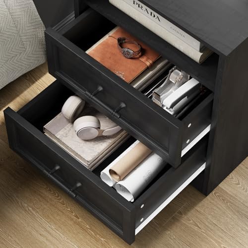 YANSNWO Black Nightstand with Charging Station, 19.7" 2-Drawer End Table - Image 5