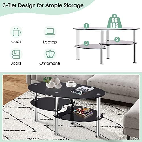 COSTWAY Glass Coffee Table, 3-Tier Sofa Side Table - Image 6